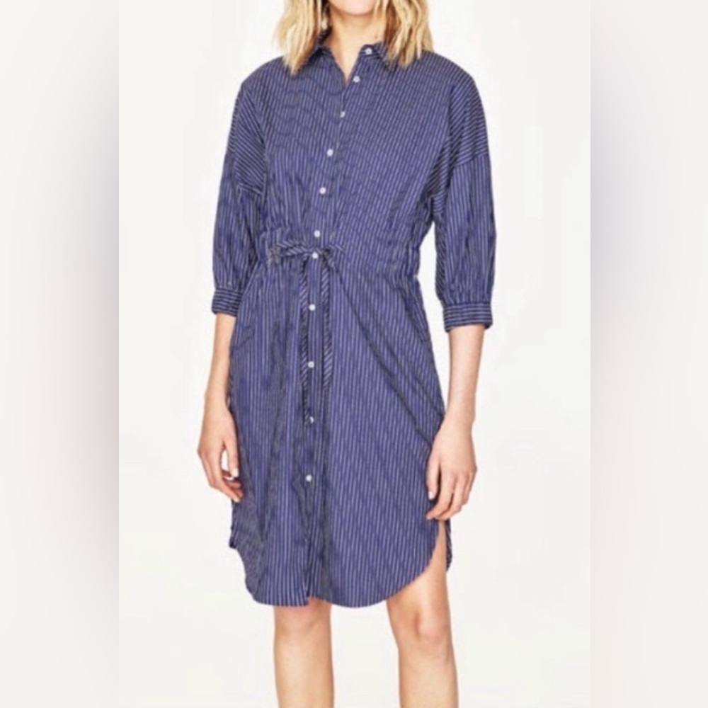 Zara Striped Dress Blue White Summer Beach Clinched Dress